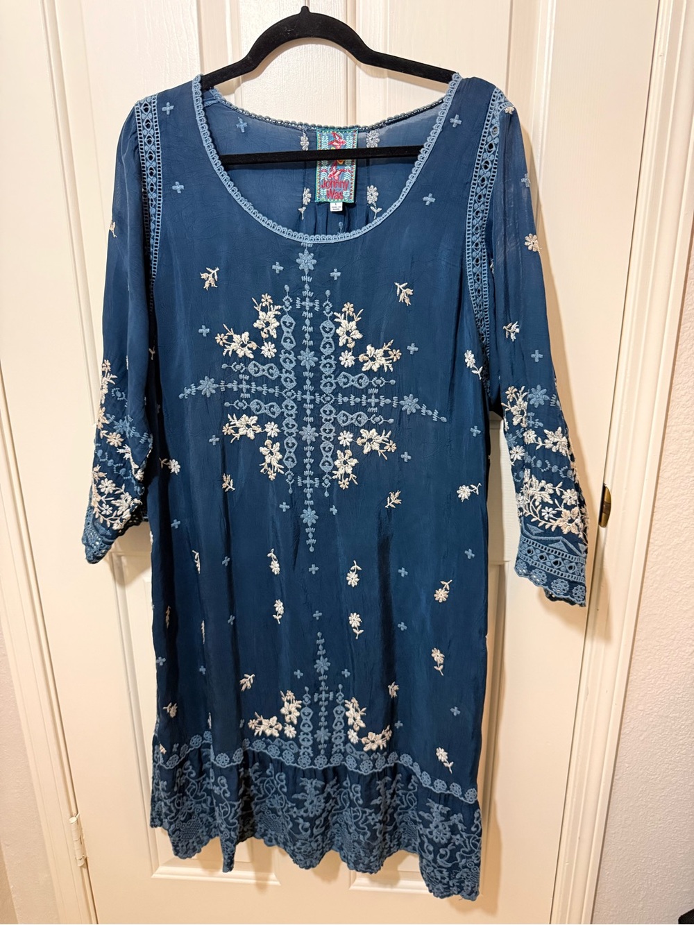 Johnny Was Blue Embroidered Midi Dress with White Accents